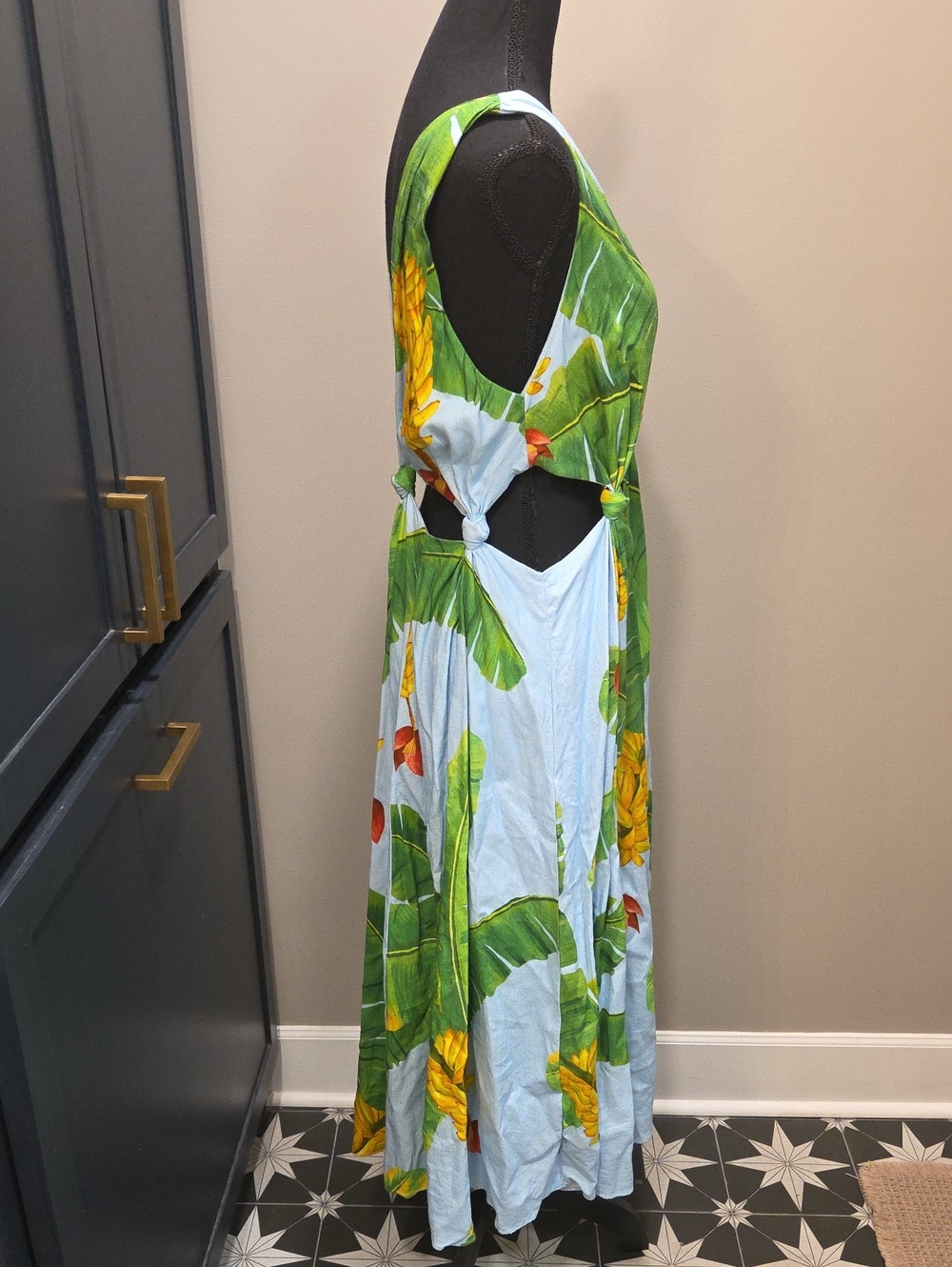 FARM Rio Banana Cut-Out Linen Blend V Neck Midi Dress Women's M - Picture 7 of 13